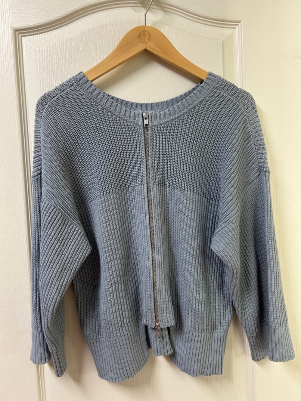 CAbi Dusty Blue 3/4 Length Sleeves Zip-Back Reversible Knit Sweater